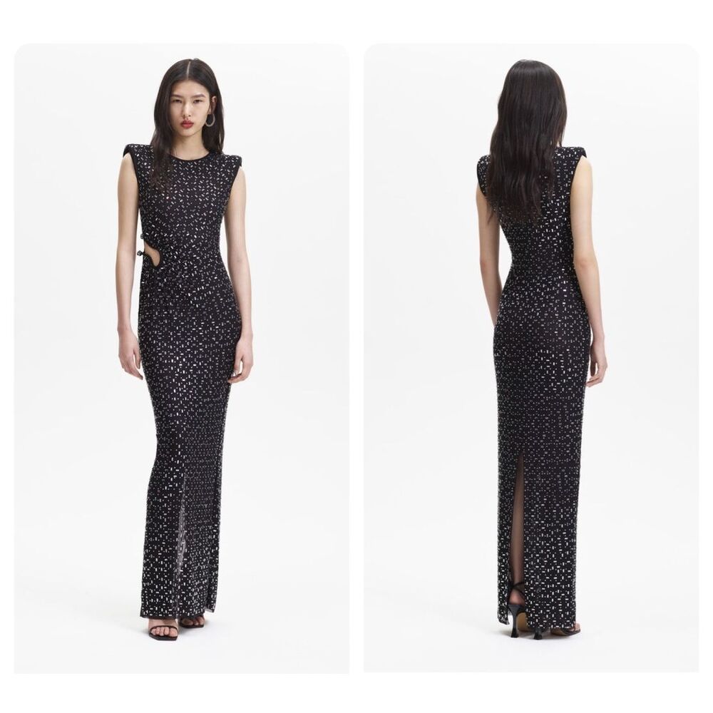 NWT Self-Portrait Square Rhinestone Mesh Cutout Bodycon Maxi Dress Black Size 0
